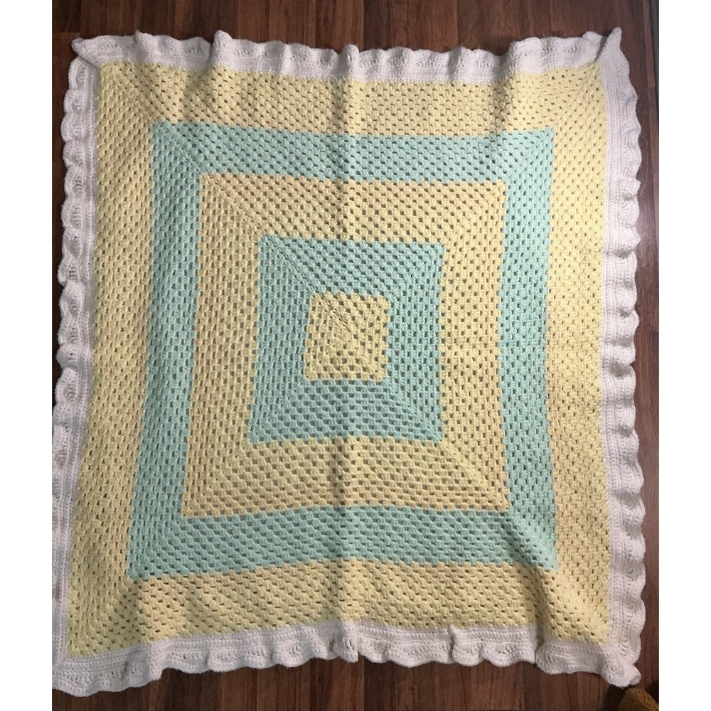 Handmade Crocheted Baby Blanket Granny Square Yellow, Teal, White 44in X 48in